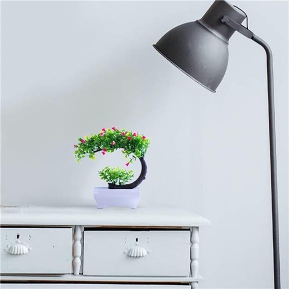 Artificial BonsaiTree Faux Potted Plant with White Pot-Mini-8Inch Tall(Rose Red) - Picture 2 of 7